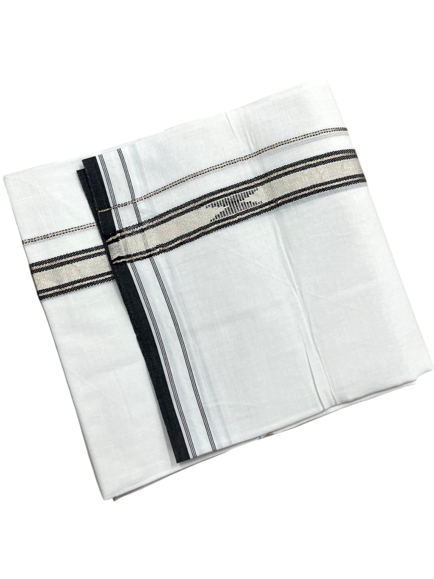 Southloom Pure White Cotton Mundu with Black & Silver Line Border (South Indian Kerala Dhoti)