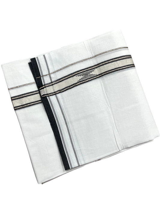 Southloom Pure White Cotton Mundu with Black & Silver Line Border (South Indian Kerala Dhoti)