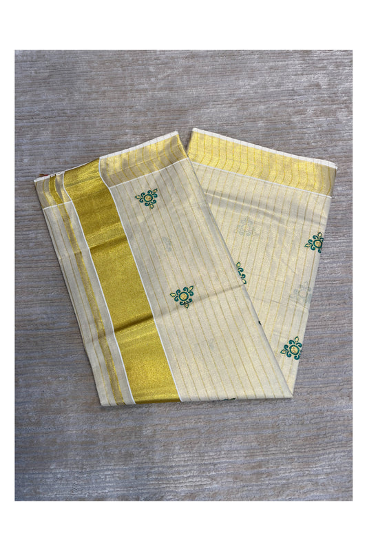 Southloom Kerala Tissue Kasavu Lines Saree with Green Embroidery Works