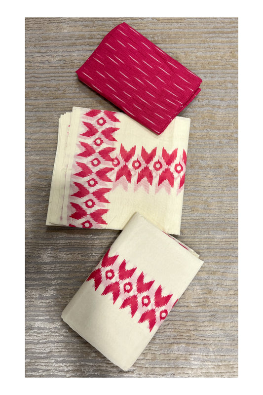 Southloom Ikat Design Magenta Printed Set Mundu with Blouse Piece 2.80Mtrs