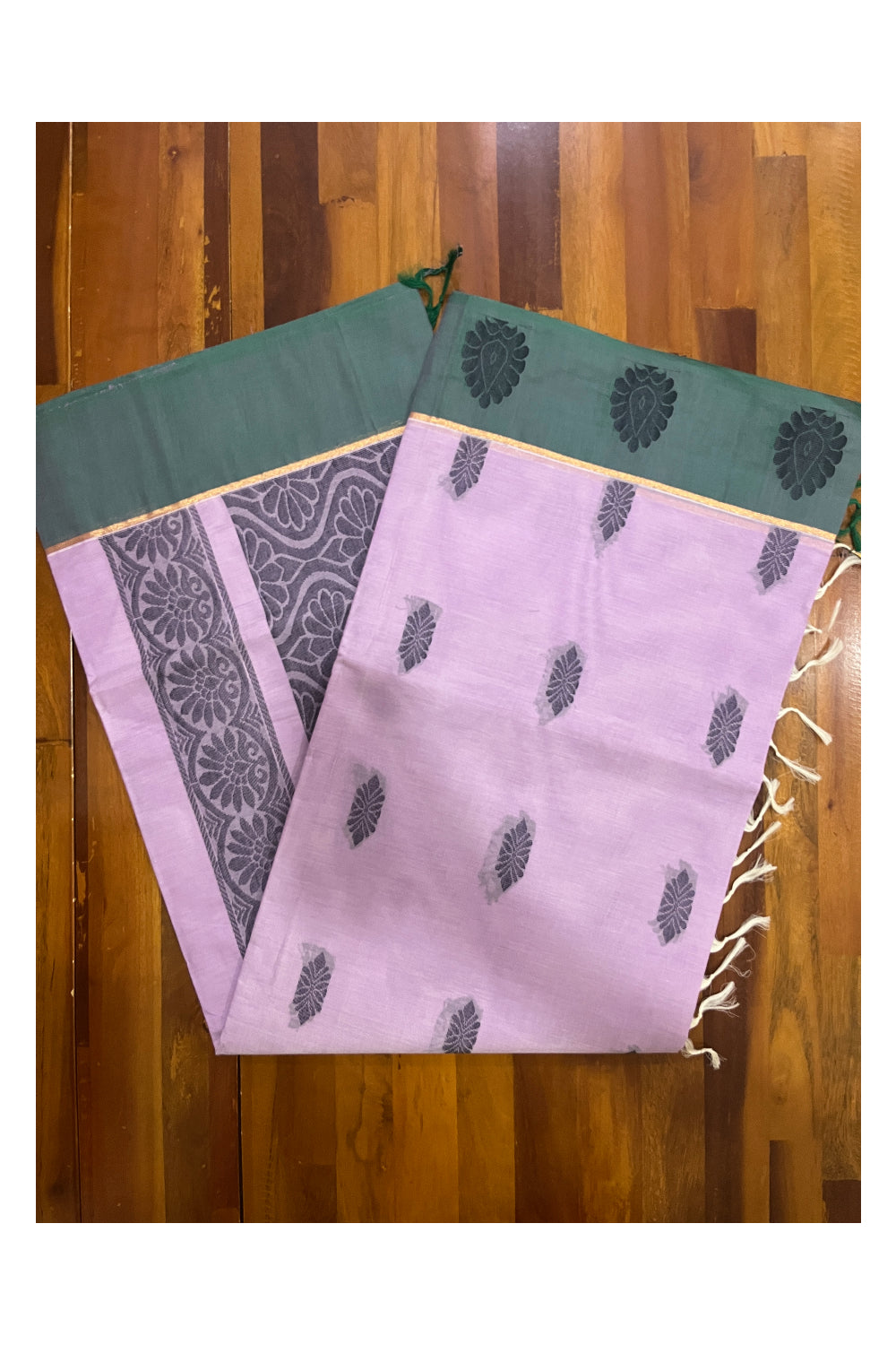 Southloom Cotton Lavender Saree with Green Floral Woven Border