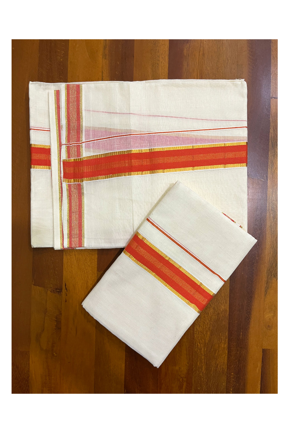 Kerala Cotton Set Mundu (Mundum Neriyathum) with Orange and Kasavu Border