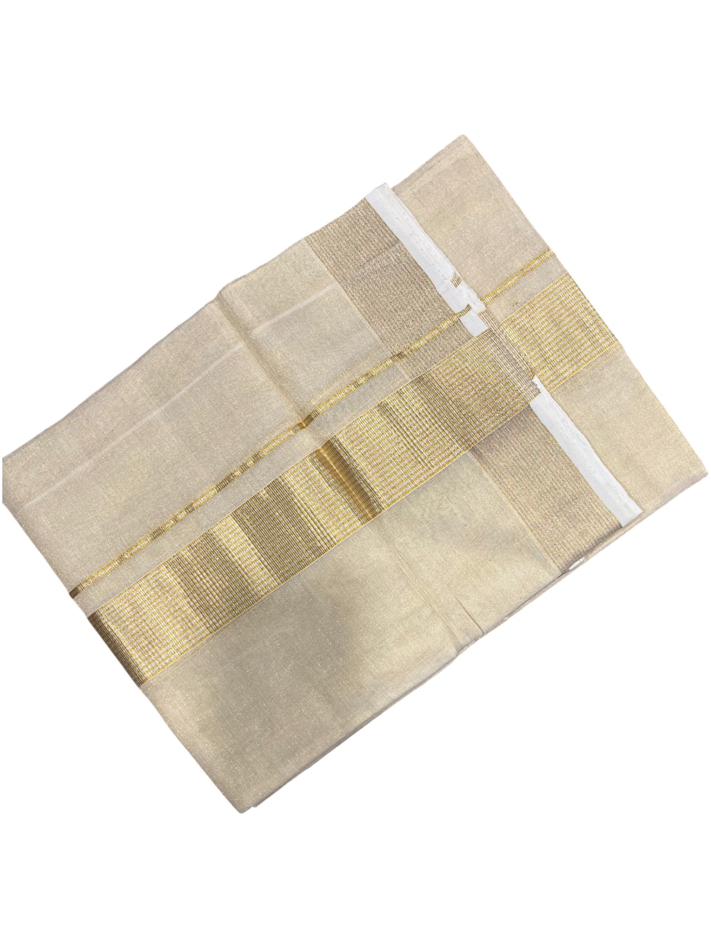 Southloom Premium Handloom Tissue Double Mundu with Gold And Silver Kasavu Border
