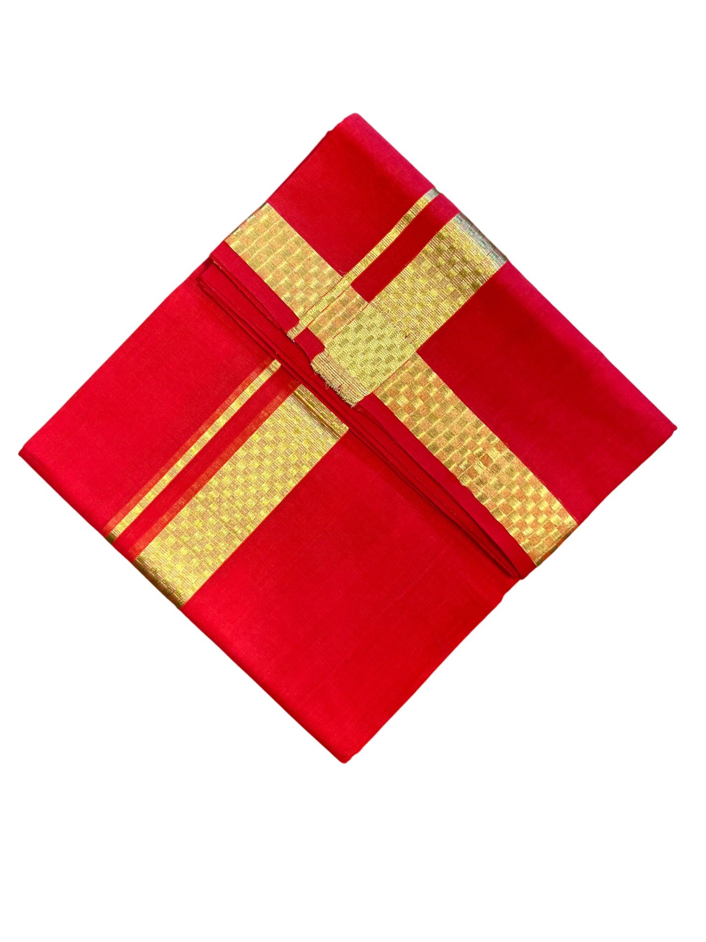 Southloom Premium Handloom Cotton Red Double Mundu with Gold Kasavu and Paa Neythu Border