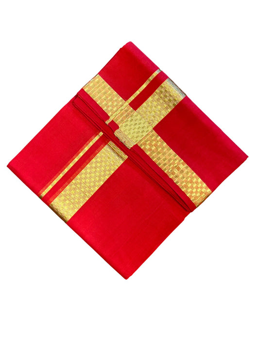 Southloom Premium Handloom Cotton Red Double Mundu with Gold Kasavu and Paa Neythu Border