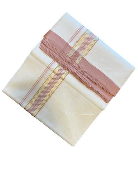 Southloom Premium Handloom Cotton Double Mundu with Gold and Peach Border