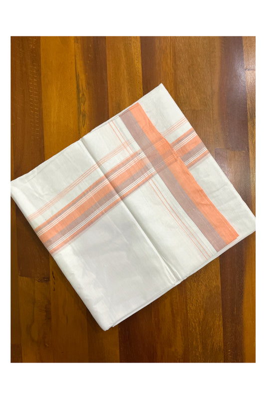 Pure White Cotton Kerala Double Mundu with Peach Violet Border (South Indian Kerala Dhoti)