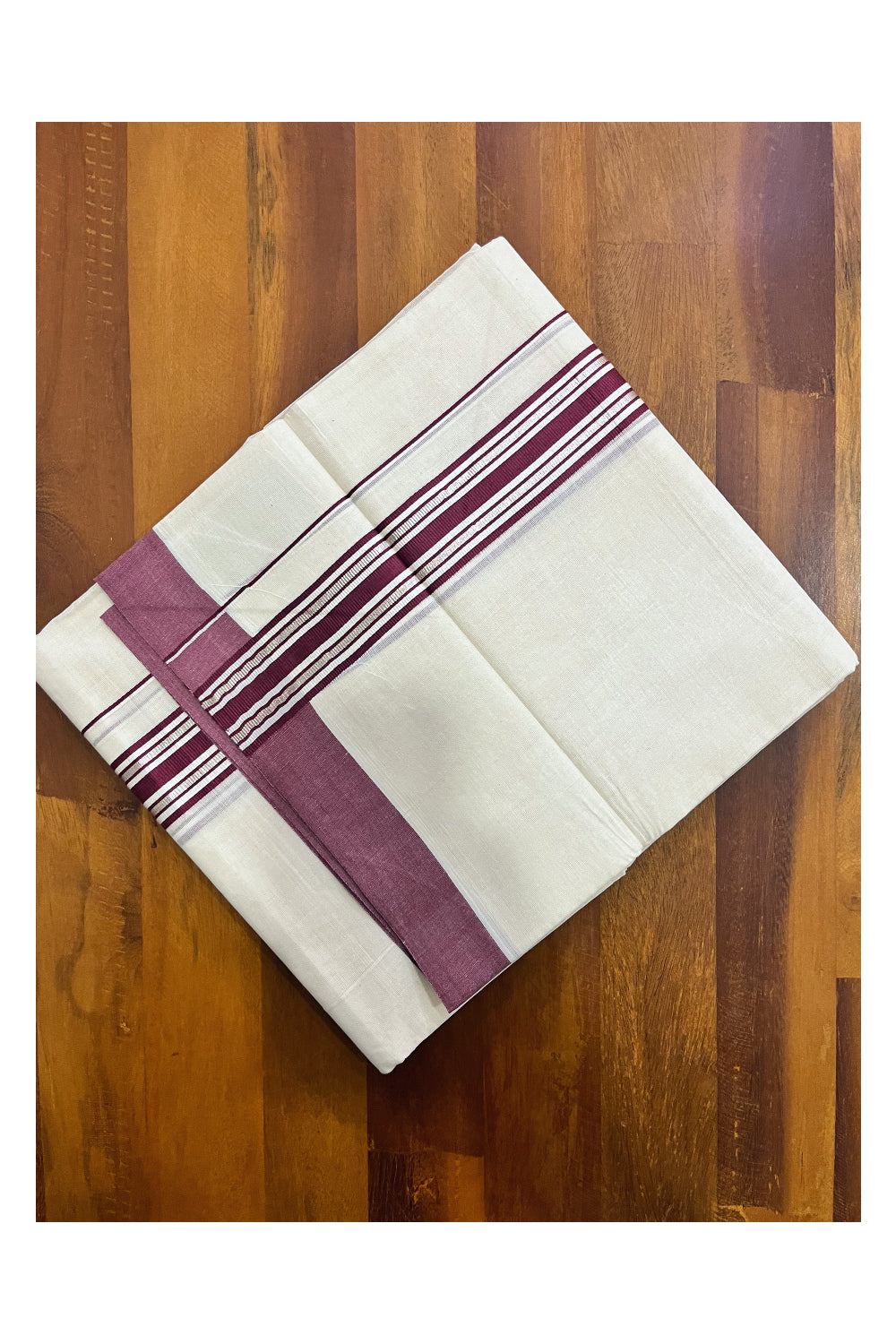 Kerala Pure Cotton Double Mundu with Silver Kasavu and Maroon Border (South Indian Kerala Dhoti)