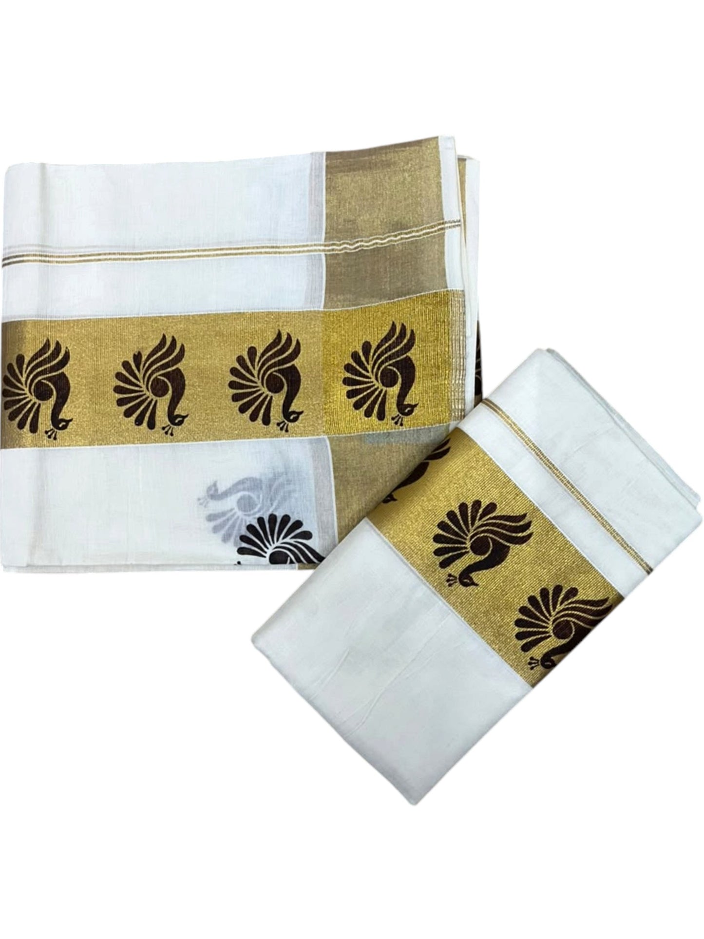 Southloom Pure Cotton Set Mundu with Gold Kasavu and Brown Floral Digital Print in 2.80 Mtrs SL383