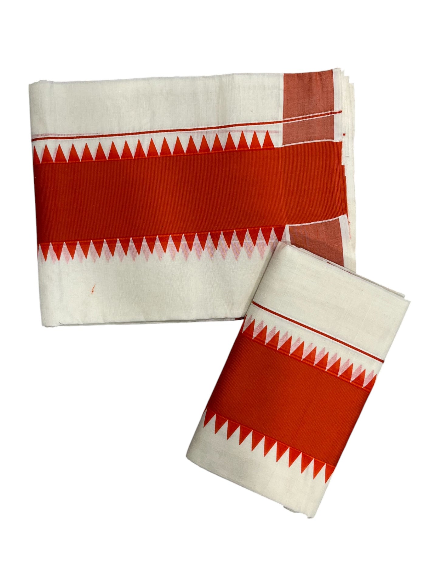Kerala Pure Cotton Set Mundu Single (Mundum Neriyathum) with Orange Temple Border 2.80 Mtrs