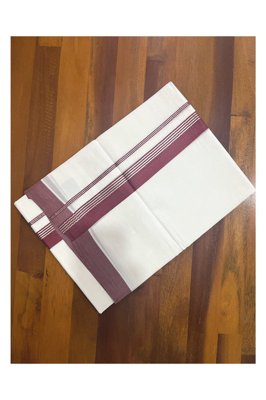 Pure White Cotton Double Mundu with Brick Red and Silver Kasavu Border (South Indian Kerala Dhoti)