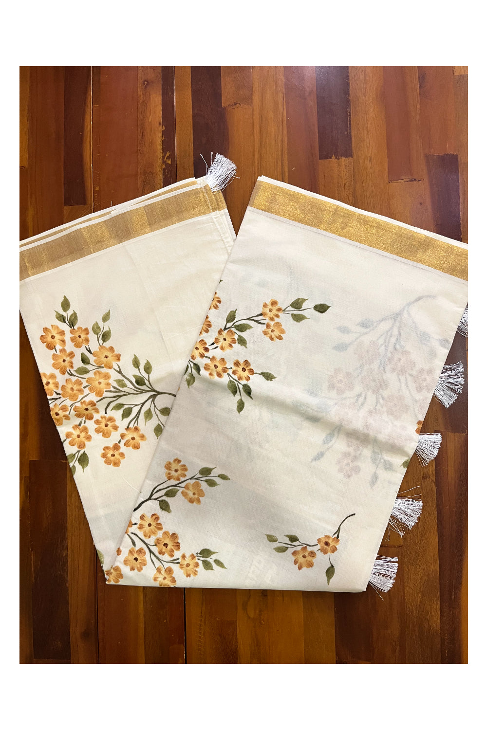 Kerala Cotton Kasavu Saree with Floral Painted Designs