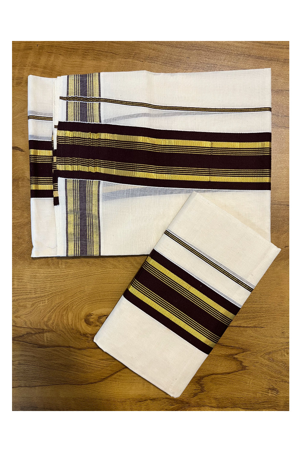 Kerala Cotton Set Mundu (Mundum Neriyathum) with Kasavu and Brown Border 2.80 Mtrs