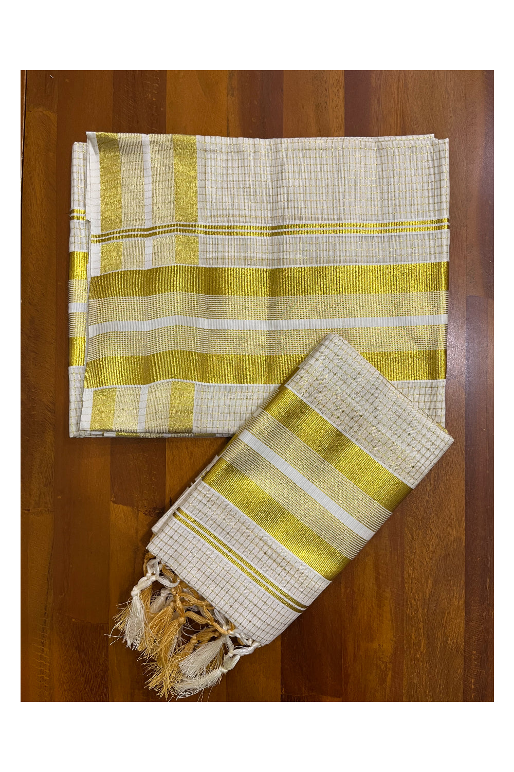 Pure Cotton Kasavu Set Mundu (Mundum Neriyathum) with Woven Check Design on Body and Tassels 2.50 Mtrs