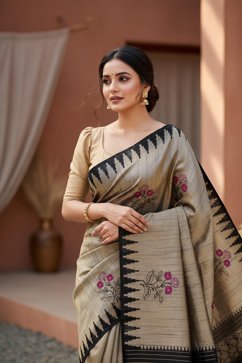 Southloom Banarasi Silk Saree with Woven Work on Body and Borders (Beige)