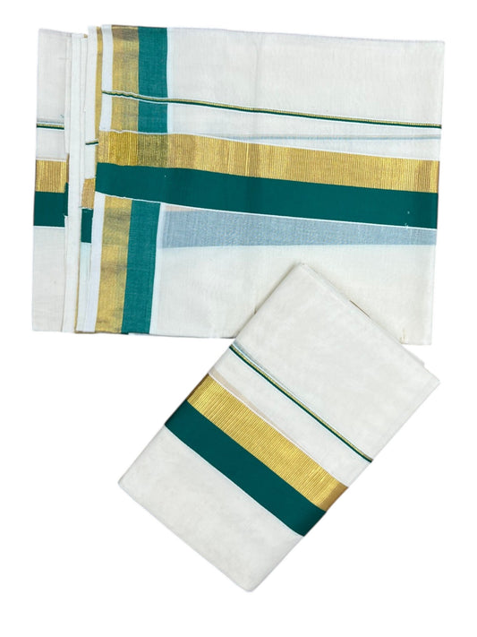 Kerala Cotton Set Mundu (Mundum Neriyathum) with Green and Kasavu Border 2.80 Mtrs