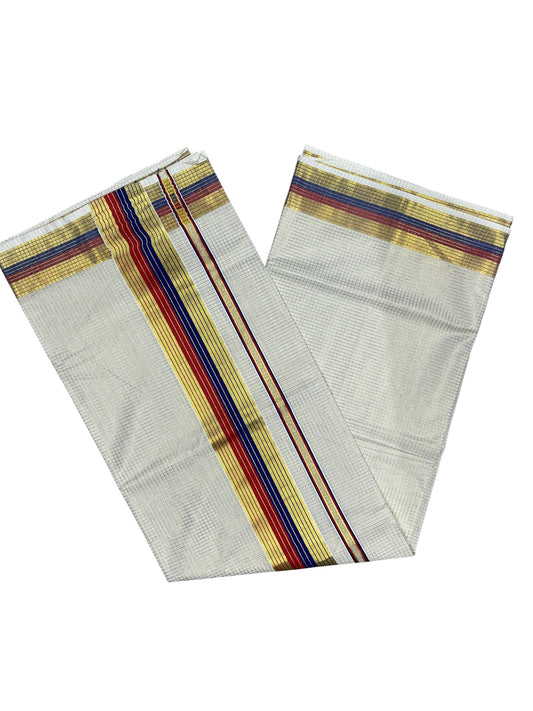 Southloom Kerala Cotton Kasavu Saree with Micro Check Design on Body in Red & Blue Border