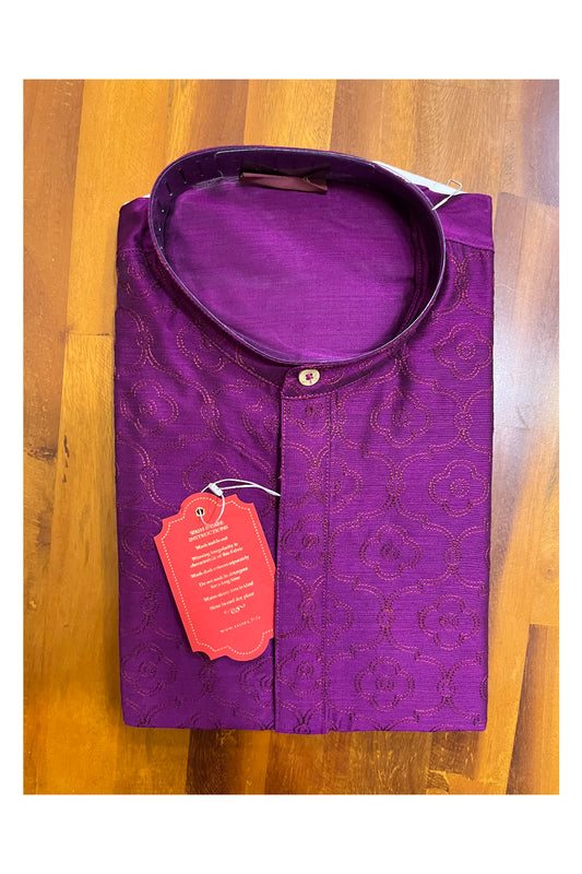 Southloom Magenta Embroidered Semi Silk Short Kurta for Men