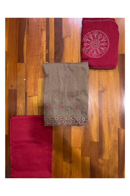 Southloom™ Cotton Churidar Salwar Suit Material in Brown with Floral Thread Works