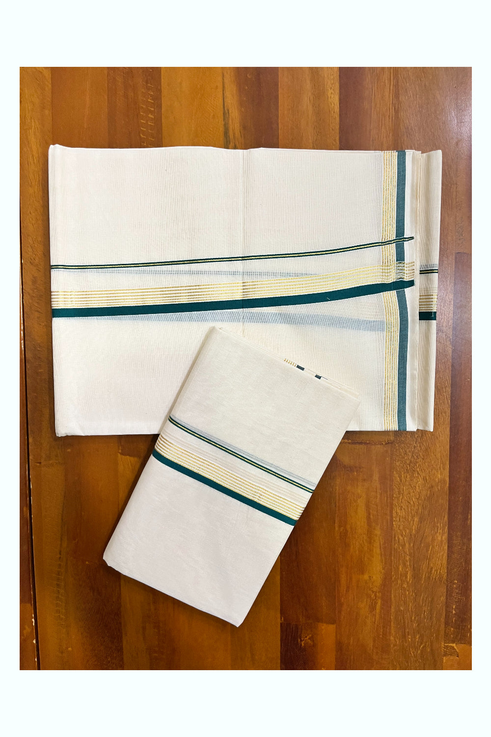 Kerala Pure Cotton Single Set Mundu (Mundum Neriyathum) with Green and Kasavu Border - 2.80Mtrs (Onam 2024 Collection)