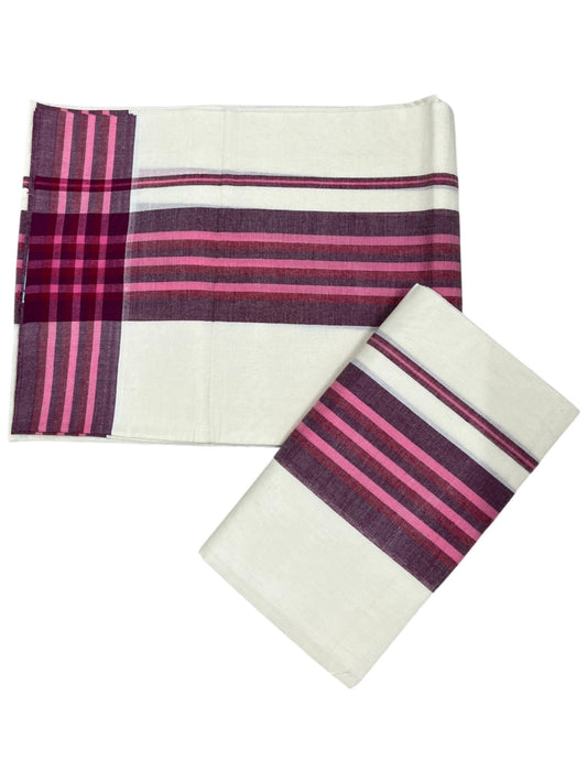 Southloom Pure Cotton Kerala Single Mulloth Set Mundu (Mundum Neriyathum) Pink & Purple Border in 2.50 mtrs SL243