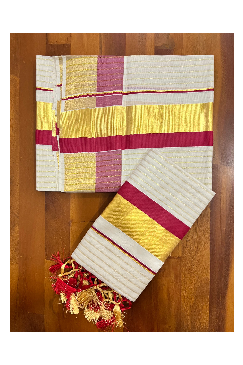 Pure Cotton Kerala Set Mundu with Kasavu Lines on Body Maroon Border and Tassels Designs 2.80 Mtrs