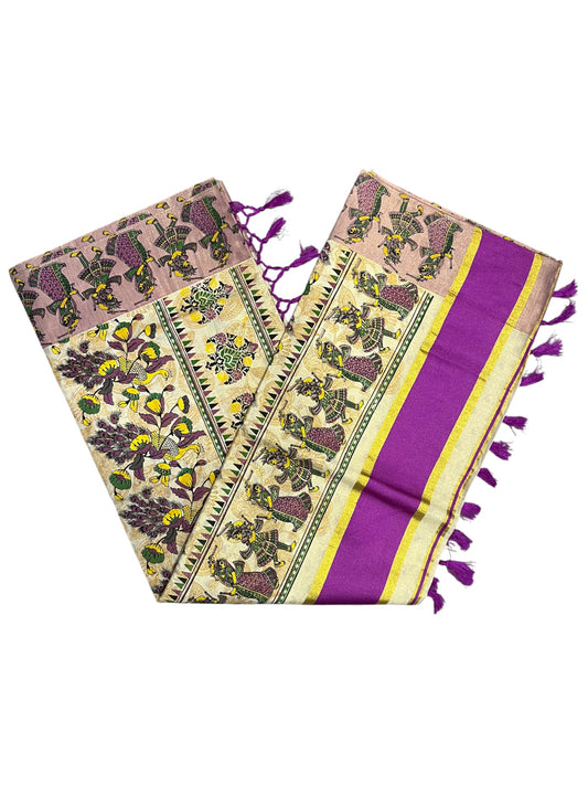 Southloom Kerala Tissue Kasavu Saree Violet Hand Printed