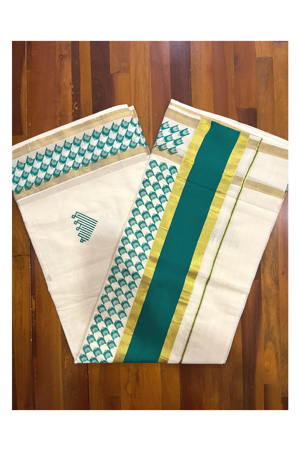 Pure Cotton Kerala Saree with Green Block Printed Kasavu Border