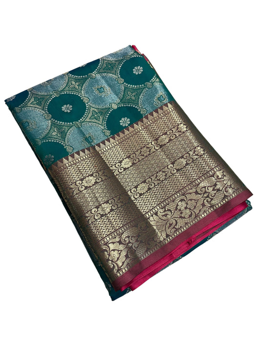 Southloom Semi Banarasi Katan Tissue Saree with Woven Work on Body and Borders (Peacock Green & Blue)