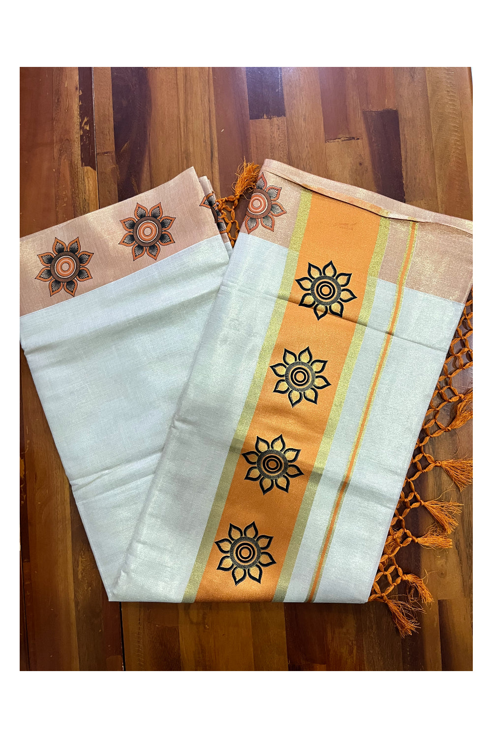 Kerala Tissue Kasavu Saree with Floral Block Prints in Orange Border