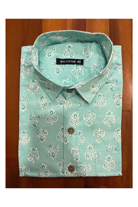 Southloom Jaipur Cotton Turquoise Hand Block Printed Shirt (Half Sleeves)