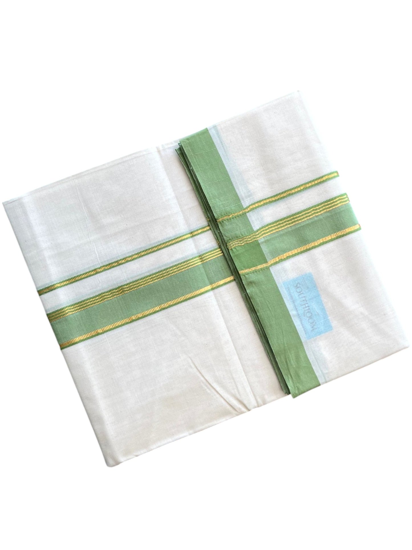 Southloom Pure Cotton Mundu with Golden Lines and Green Border (South Indian Kerala Dhoti)