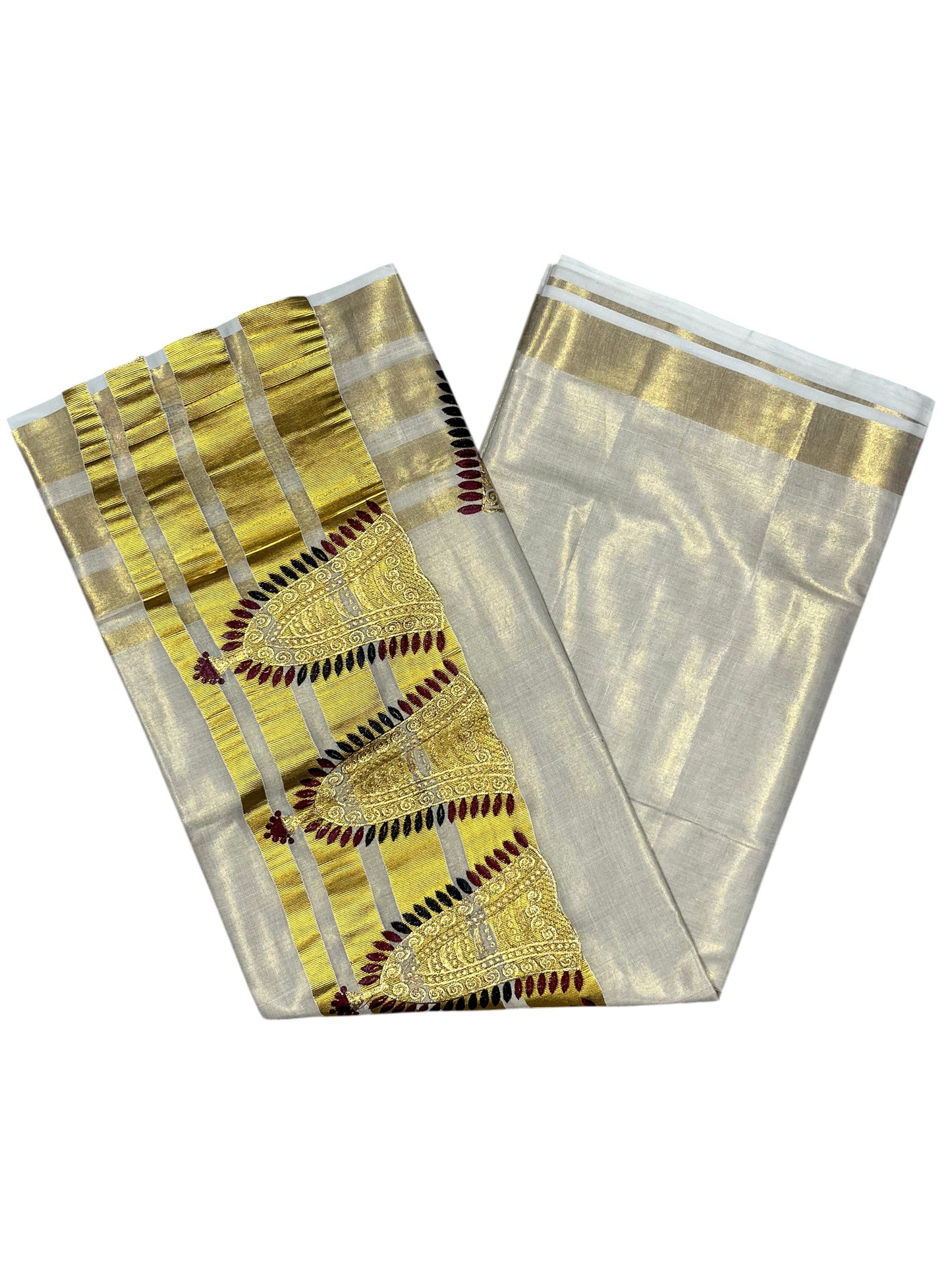 Southloom Tissue Kerala Kasavu Saree with Nettipattam Embroidery Designs on Body SL539
