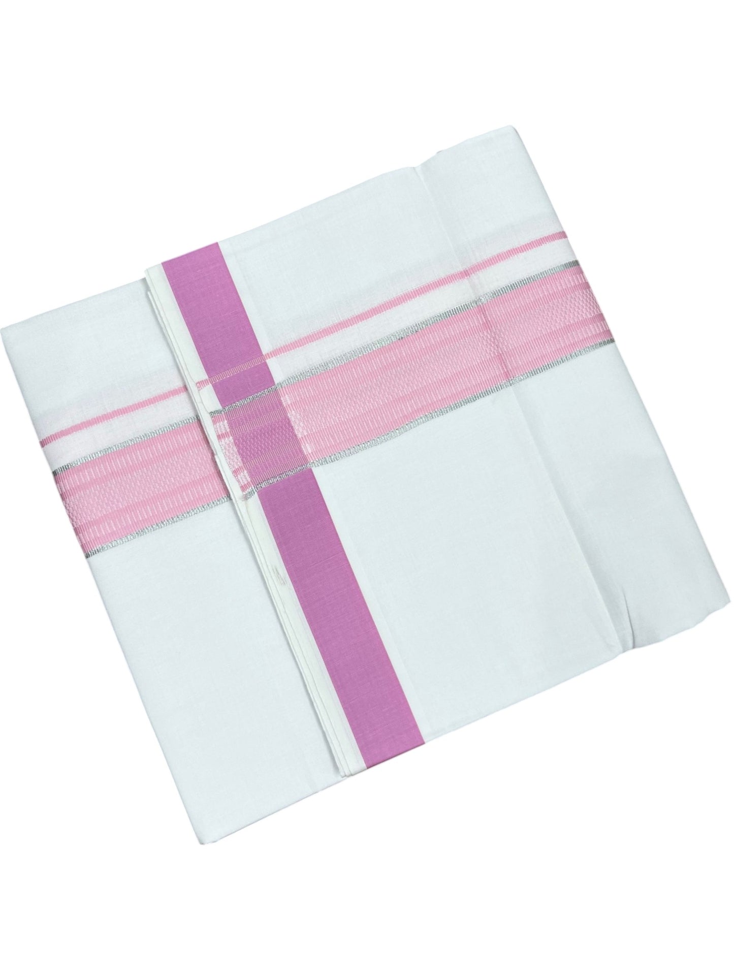 Southloom Pure White Cotton Mundu with Silver Line & Pink Border (South Indian Kerala Dhoti)
