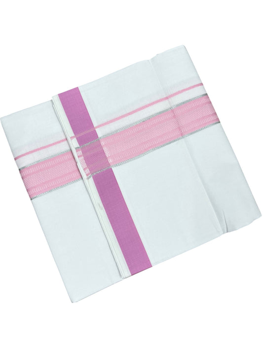 Southloom Pure White Cotton Mundu with Silver Line & Pink Border (South Indian Kerala Dhoti)