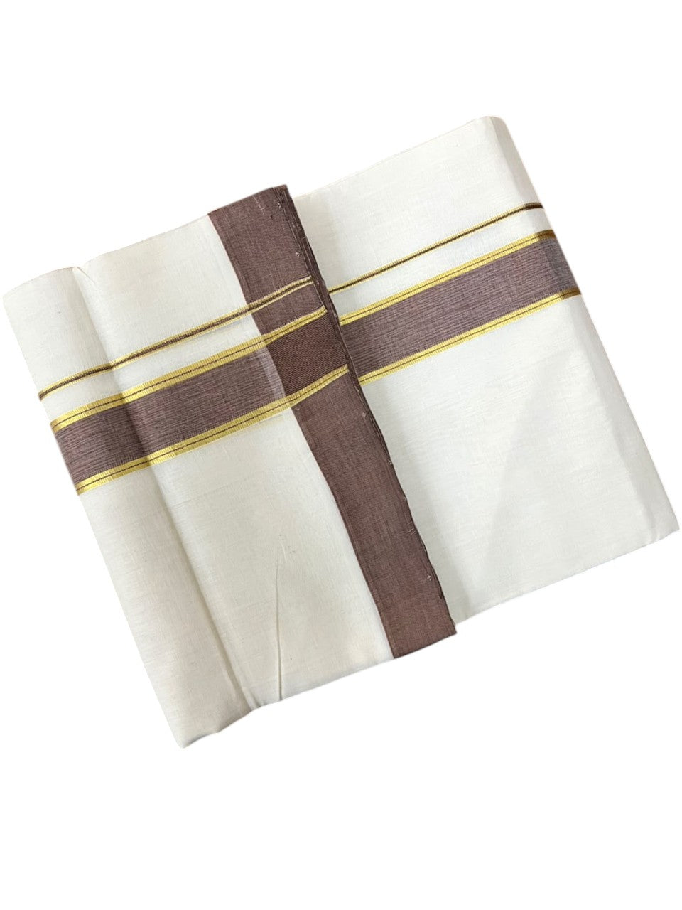 Southloom Balaramapuram Unakkupaavu Premium Handloom Cotton Double Mundu with Gold Kasavu and Brown Border