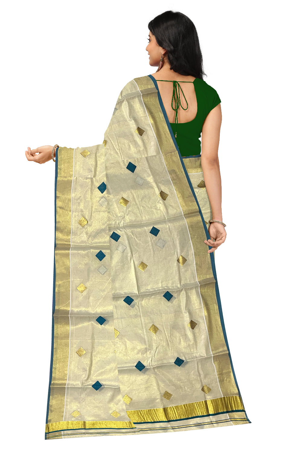 Kerala Tissue Kasavu Saree with Green Woven Butta Designs and Tassels Works