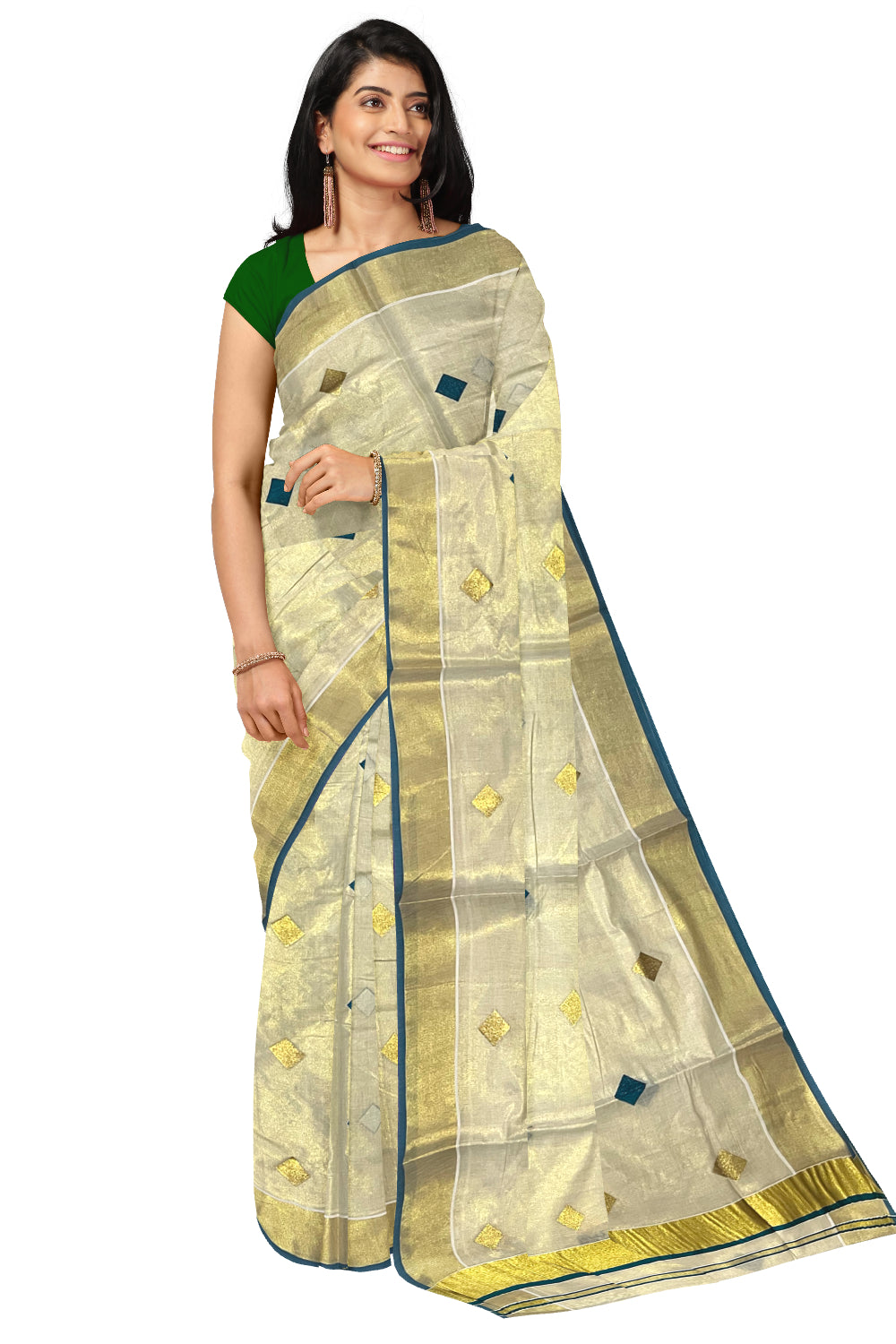 Kerala Tissue Kasavu Saree with Green Woven Butta Designs and Tassels Works