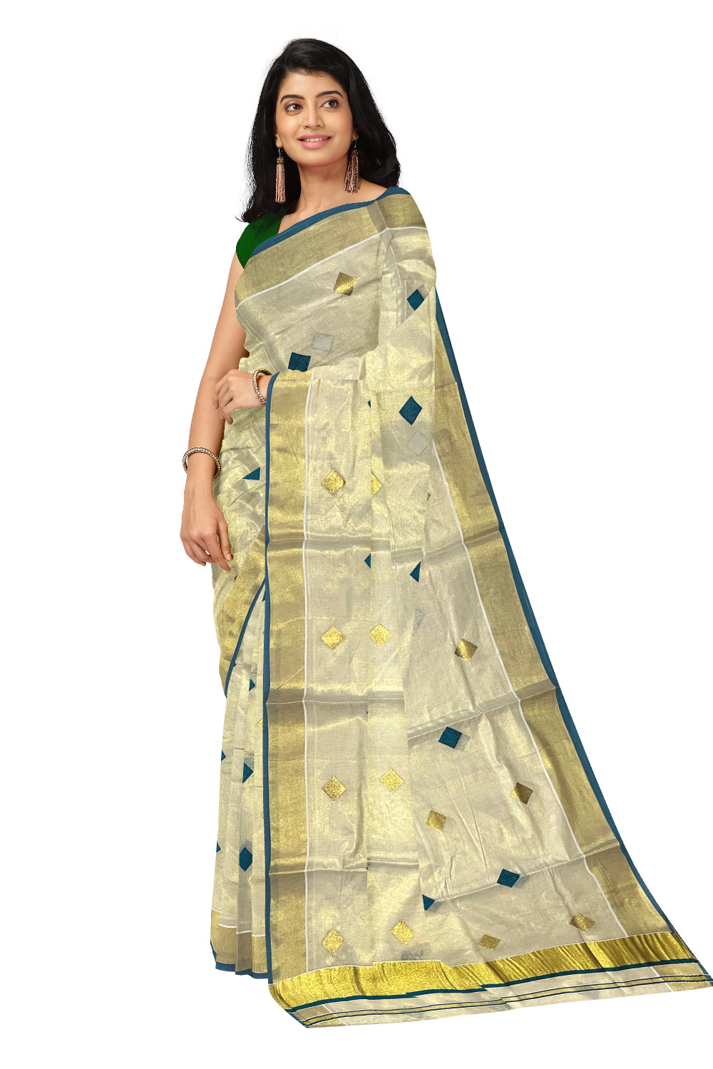 Kerala Tissue Kasavu Saree with Green Woven Butta Designs and Tassels Works