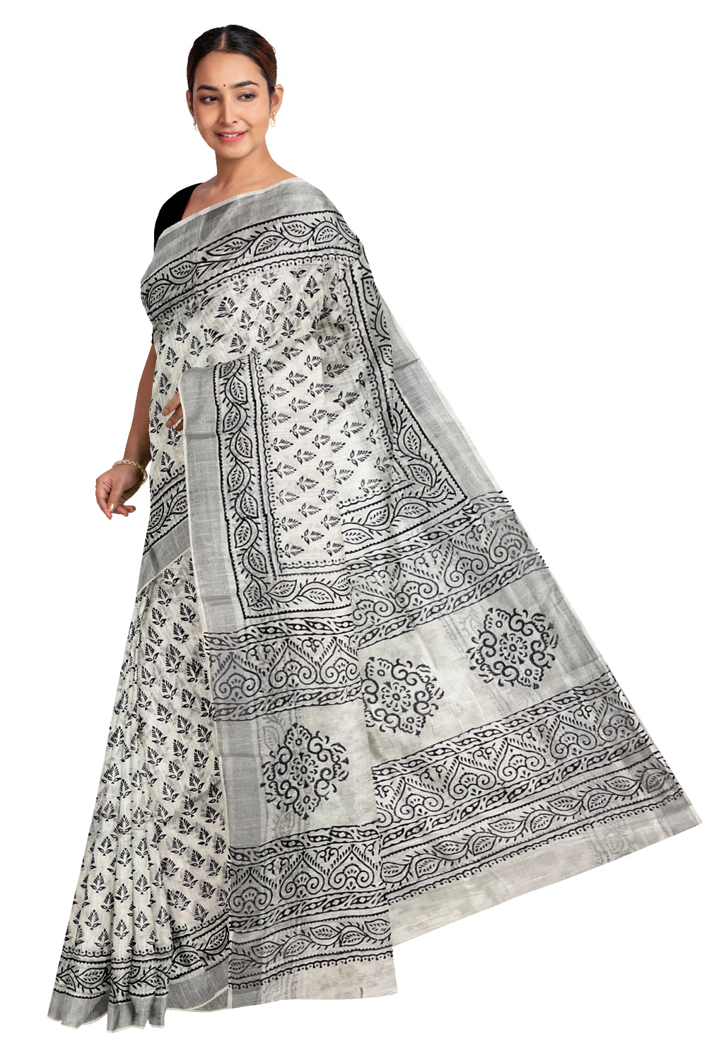 Southloom Linen Pure White Designer Saree with Floral Prints