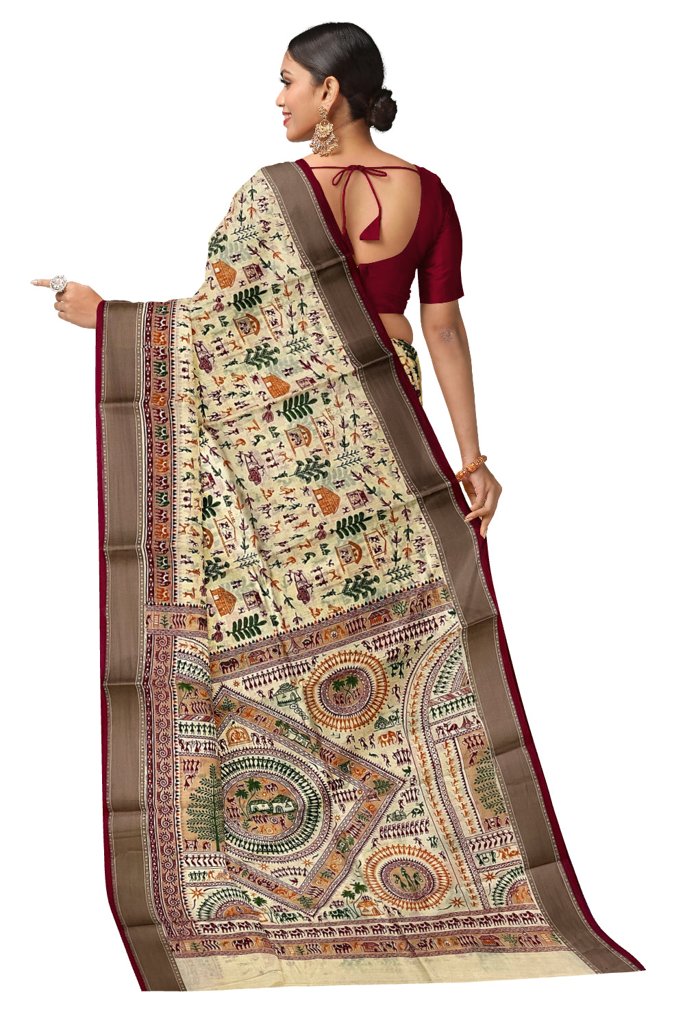 Southloom Cotton Light Brown Saree with Warli Art Printed Designs