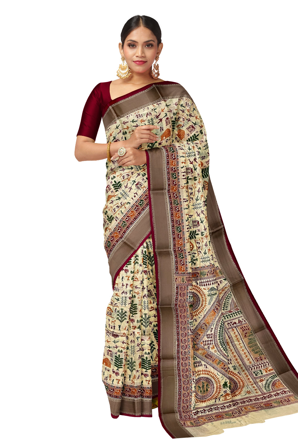 Southloom Cotton Light Brown Saree with Warli Art Printed Designs