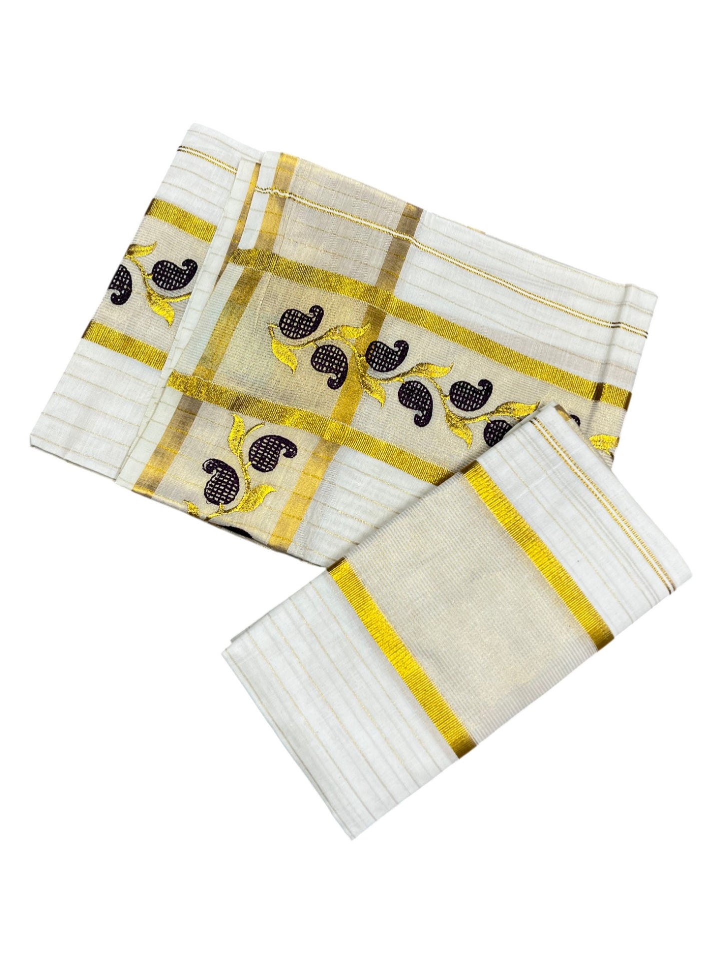 Southloom Cotton Lines Single Set Mundu (Mundu Neriyathum) With Embroidery Design Purple And Gold Border Kasavu in 2.80 Mtrs