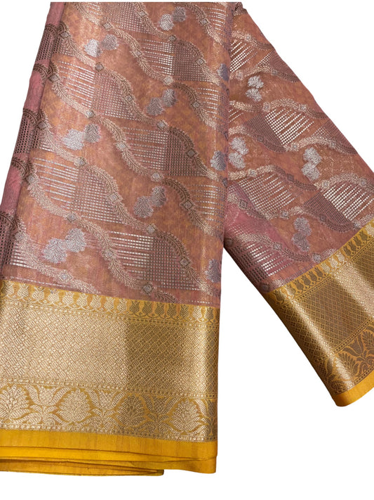 Southloom Tissue Banarasi Silk Saree with Woven Work on Body and Borders (Peach & Yellow)