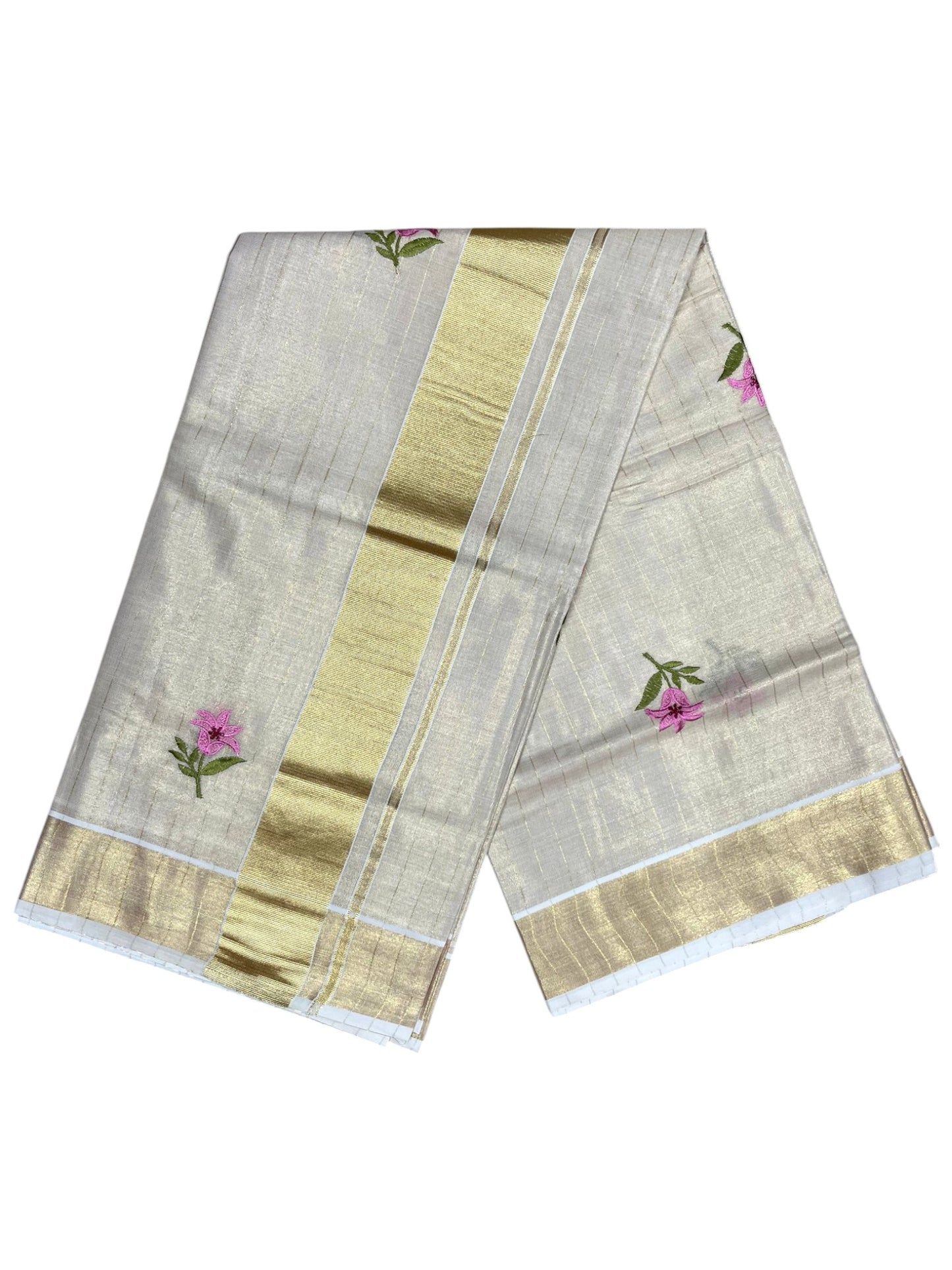 Southloom Kerala Tissue Kasavu Lines Saree with Floral Embroidery Work on Body