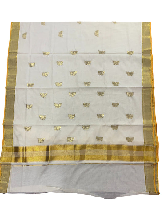 Southloom Cotton Kerala Kasavu Saree with Lotus Embroidery Design