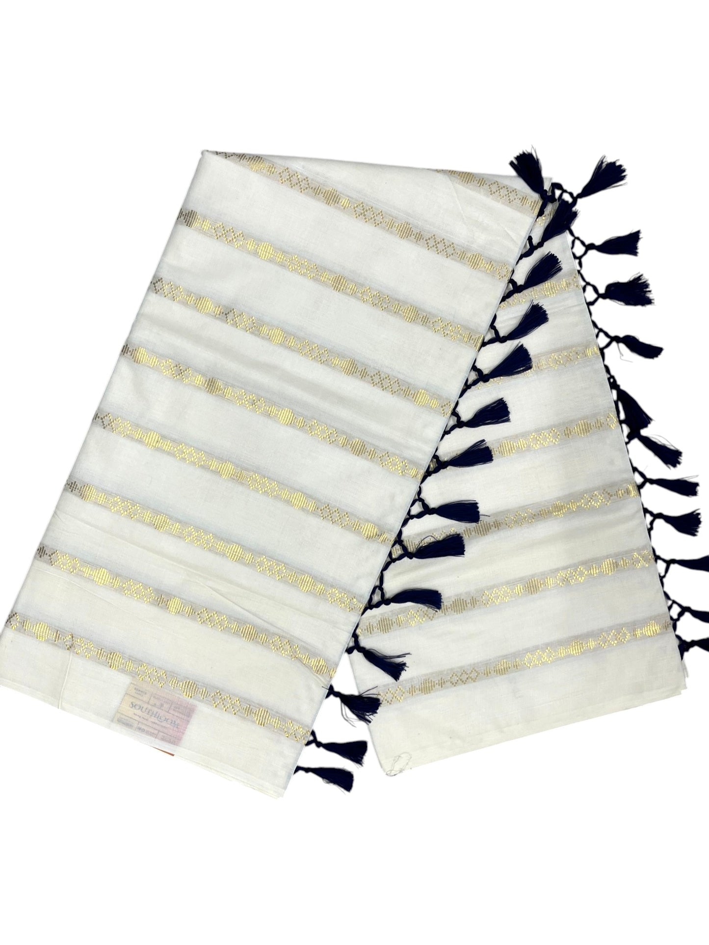 Southloom Kerala Cotton Kasavu Saree with Stripes on Body and Blue Tussels