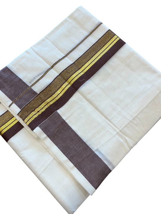 Southloom Kerala Pure Cotton Double Mundu with Gold Lines & Brown Border (South Indian Dhoti)