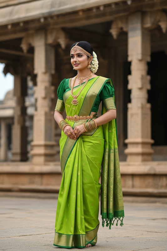 Southloom Pure Handloom Bridal Kanchipuram Silk Saree with Korvai Work (Green)