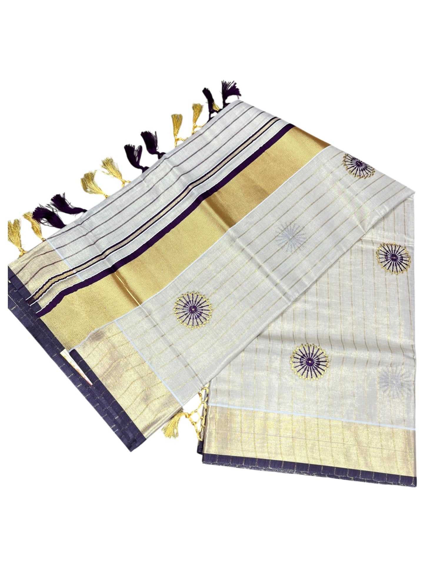 Southloom Tissue Kerala Kasavu Lines Saree with Embroidery Work on Body in Purple